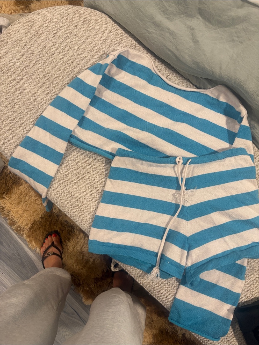 Striped Blue & White matching crop set beach day cover up